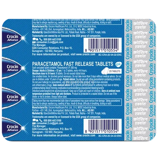 crocin advance 500mg tablet 20's
